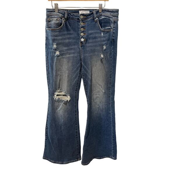 Risen Denim - Risen Jeans Women’s Size 32 Blue Flare Button Fly Distressed Medium Wash Stretch